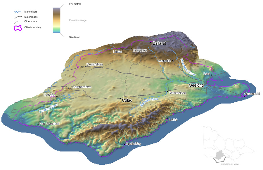 corangamite  region map  with 3d elevation and  rivers