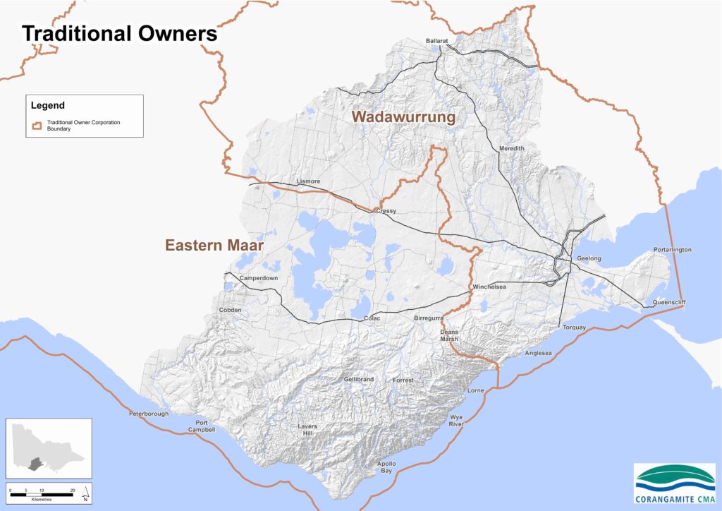 Traditional owners land map in Corangamite region with allocations between Eastern Maar, and Wadaurrung